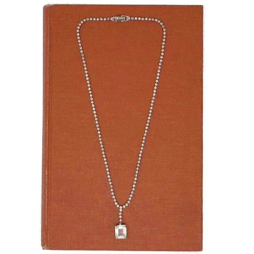 Vintage Art Deco Rhinestone Necklace Emerald Cut Silver‎ Necklace Wedding Formal